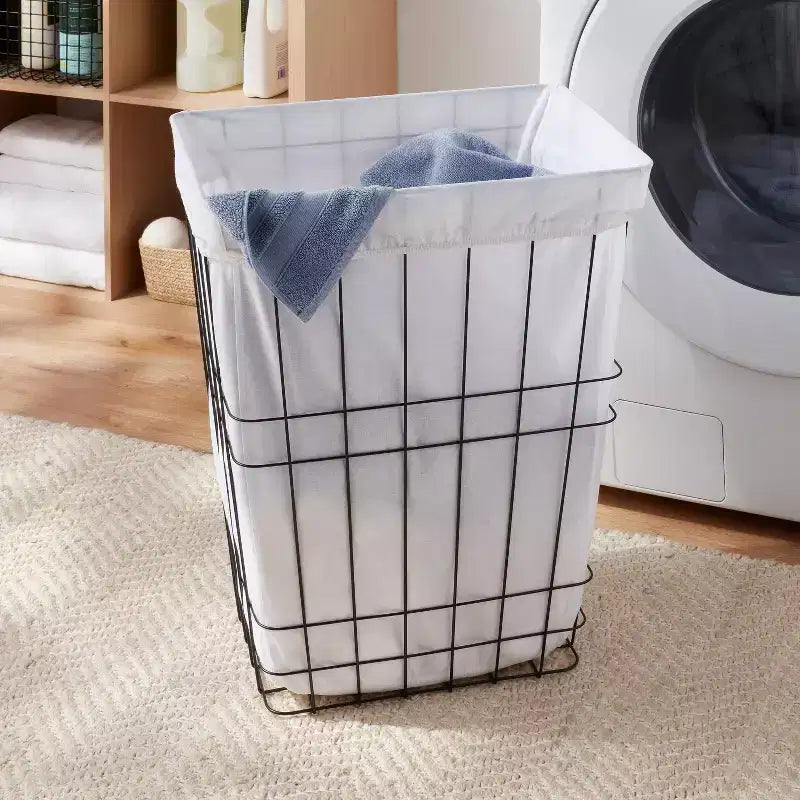 Rectangle Wire Laundry Hamper with Fabric Liner – Black Iron, 7000 cu in, No Assembly