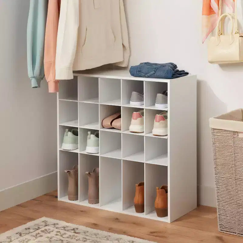 4-Tier Stackable Shoe Cubby White – Holds 20 Pairs, Wood Laminate, Freestanding