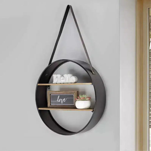 33" Round Rustic Wood & Metal Hanging Wall Shelf – 2 Open Shelves, No Assembly