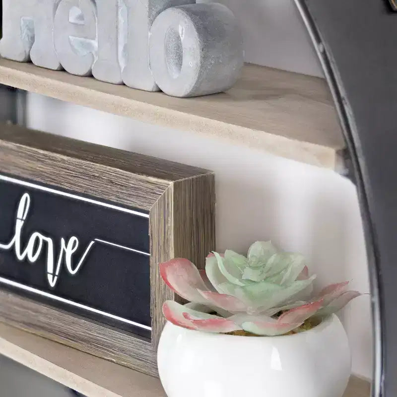 33" Round Rustic Wood & Metal Hanging Wall Shelf – 2 Open Shelves, No Assembly