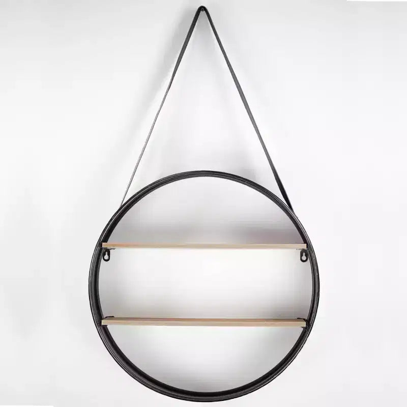 33" Round Rustic Wood & Metal Hanging Wall Shelf – 2 Open Shelves, No Assembly
