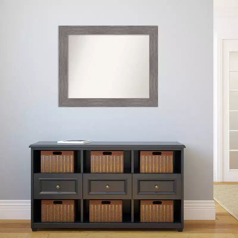 34x28" Wall Mirror – Gray Pinstripe Plank Frame, Non-Beveled, Hangs Vertical or Horizontal