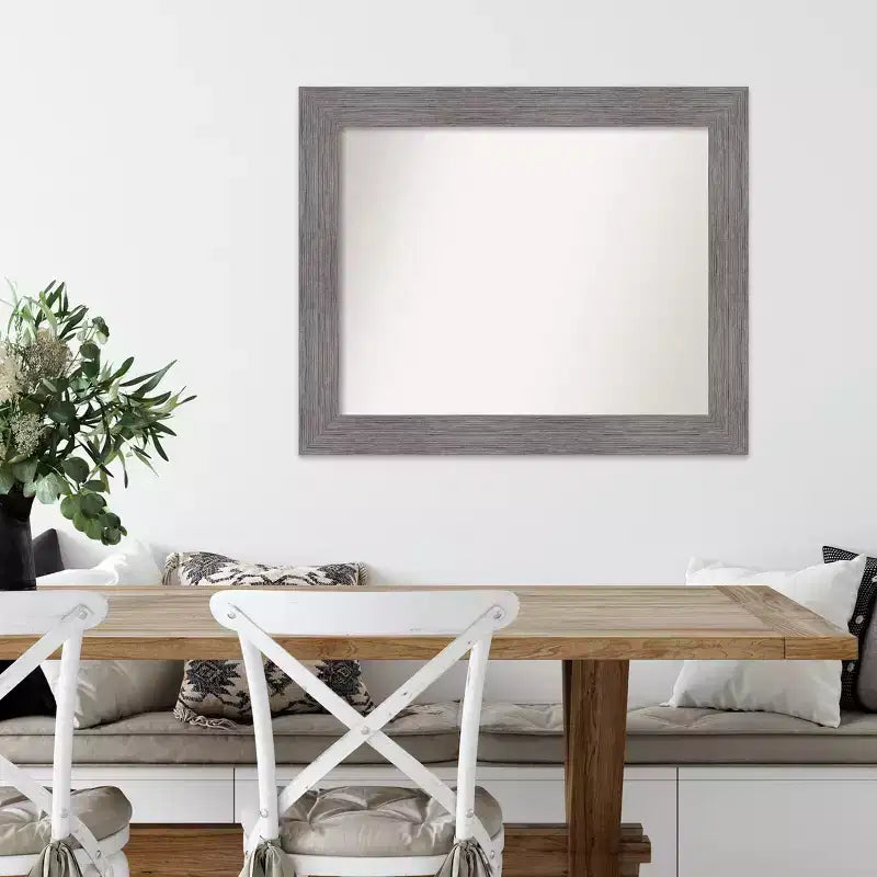 34x28" Wall Mirror – Gray Pinstripe Plank Frame, Non-Beveled, Hangs Vertical or Horizontal