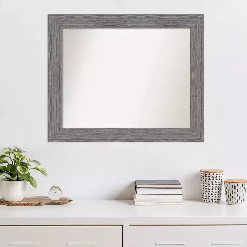 34x28" Wall Mirror – Gray Pinstripe Plank Frame, Non-Beveled, Hangs Vertical or Horizontal