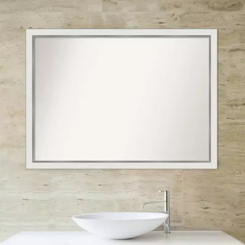 41x30" Bathroom Wall Mirror – White/Silver Narrow Frame, Non-Beveled, Hangs Vertical or Horizontal
