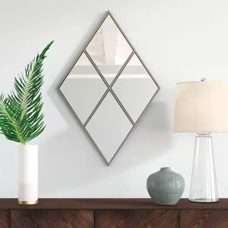 35.5"x23.5" Diamond Shaped Wall Mirror – Antique Silver Metal Windowpane Frame
