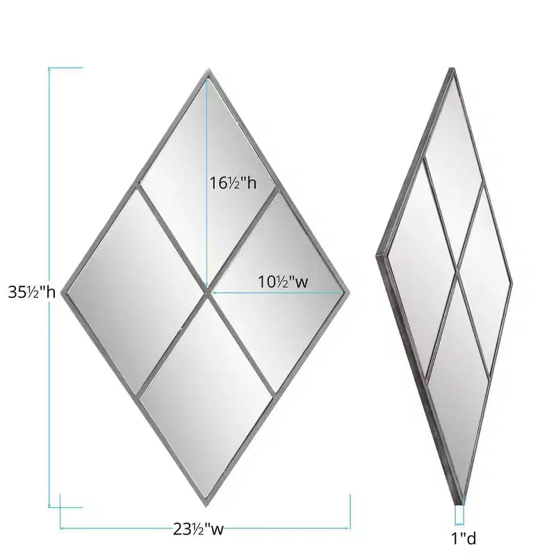 35.5"x23.5" Diamond Shaped Wall Mirror – Antique Silver Metal Windowpane Frame
