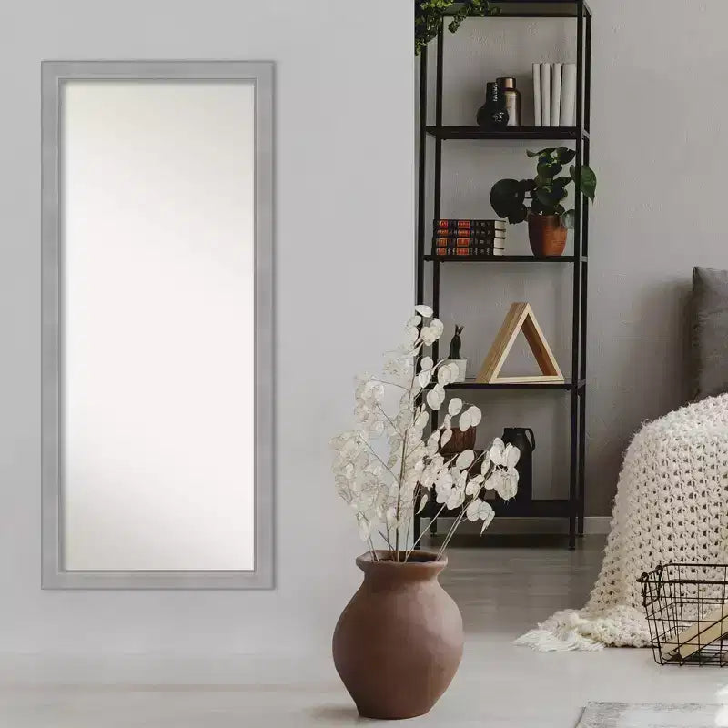 28x64" Full Length Floor Leaner Mirror – Brushed Nickel Frame, Non-Beveled, Wall Mount Option