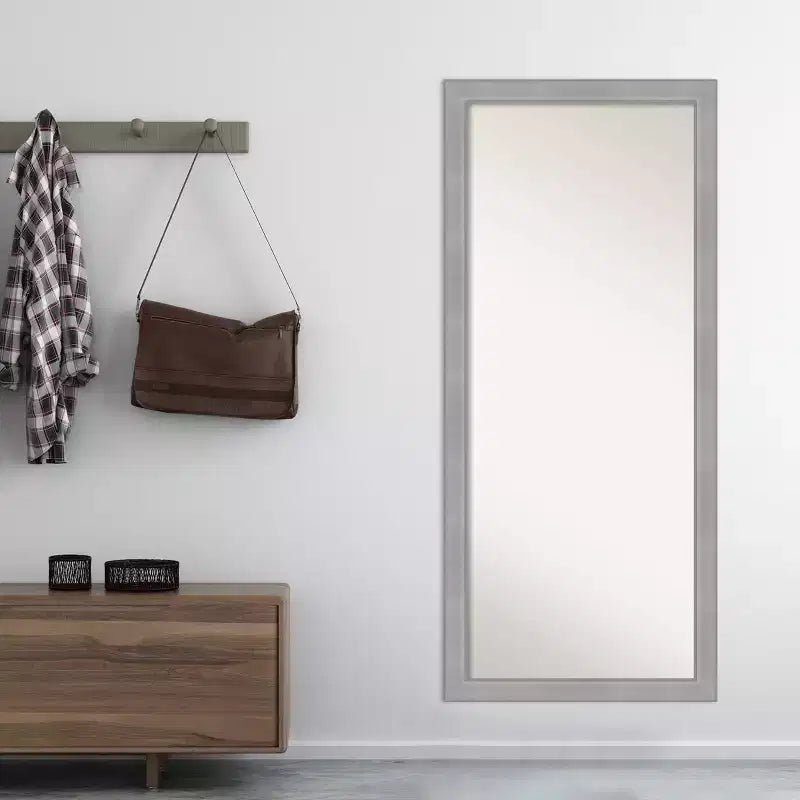 28x64" Full Length Floor Leaner Mirror – Brushed Nickel Frame, Non-Beveled, Wall Mount Option