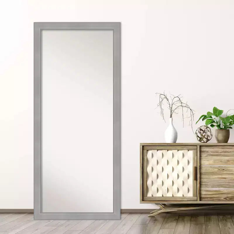 28x64" Full Length Floor Leaner Mirror – Brushed Nickel Frame, Non-Beveled, Wall Mount Option