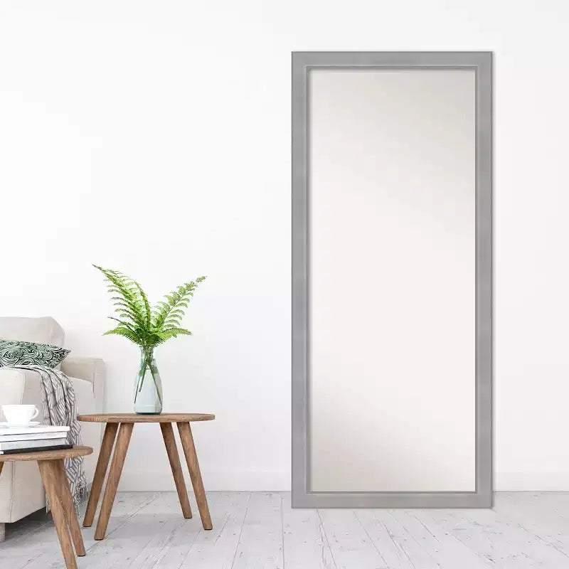28x64" Full Length Floor Leaner Mirror – Brushed Nickel Frame, Non-Beveled, Wall Mount Option