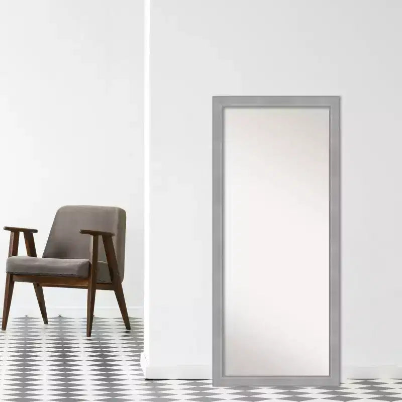 28x64" Full Length Floor Leaner Mirror – Brushed Nickel Frame, Non-Beveled, Wall Mount Option