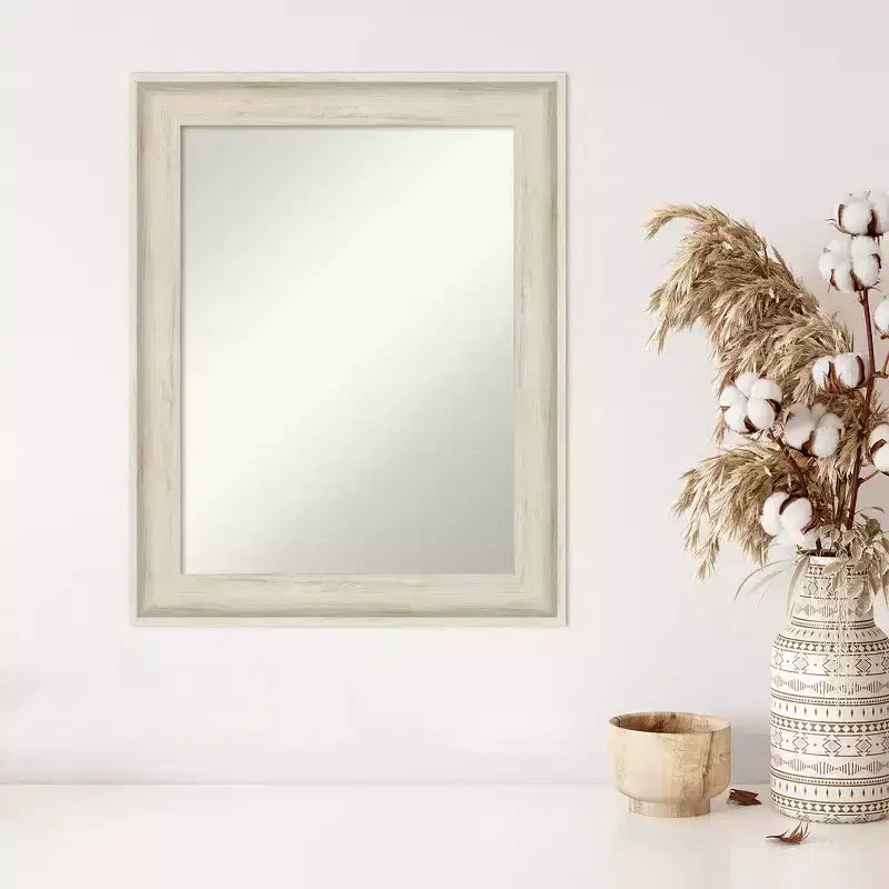 23x29" Wall Mirror – Rustic Whitewash Birch Cream Frame, Non-Beveled, Mounting Hardware Included