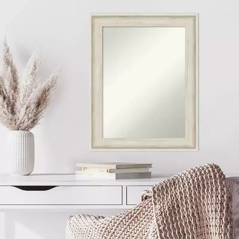 23x29" Wall Mirror – Rustic Whitewash Birch Cream Frame, Non-Beveled, Mounting Hardware Included