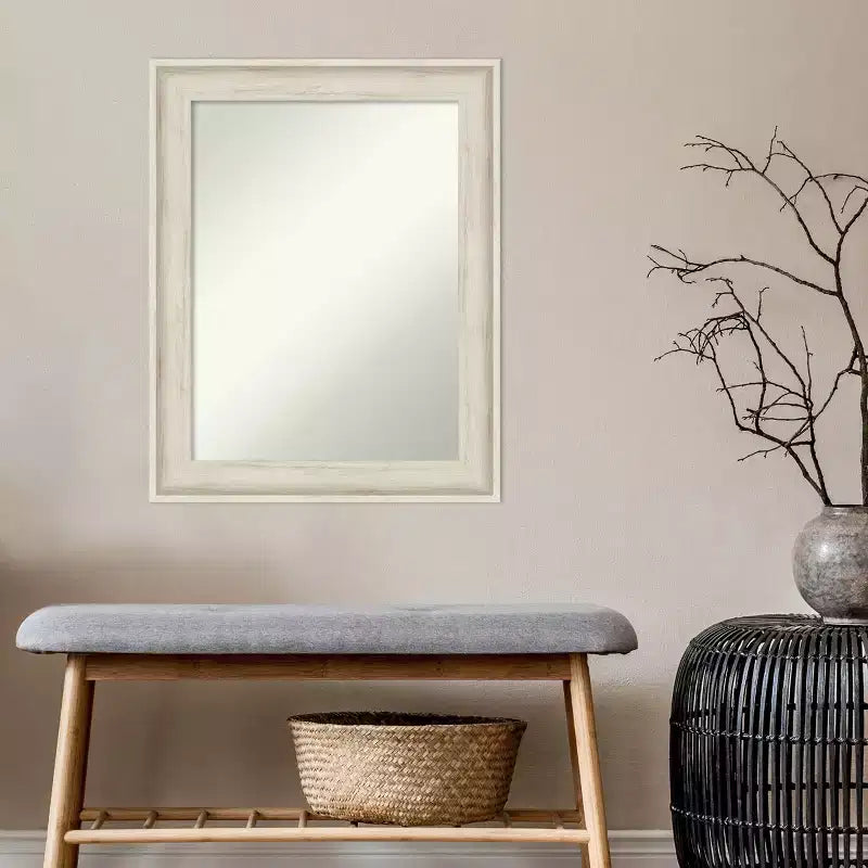 23x29" Wall Mirror – Rustic Whitewash Birch Cream Frame, Non-Beveled, Mounting Hardware Included