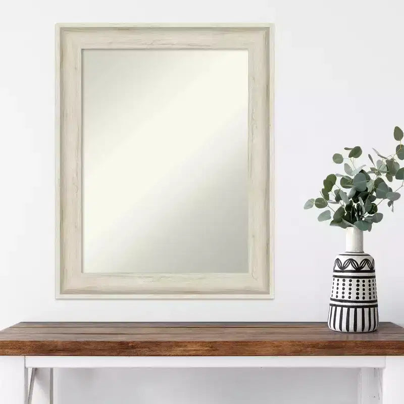 23x29" Wall Mirror – Rustic Whitewash Birch Cream Frame, Non-Beveled, Mounting Hardware Included