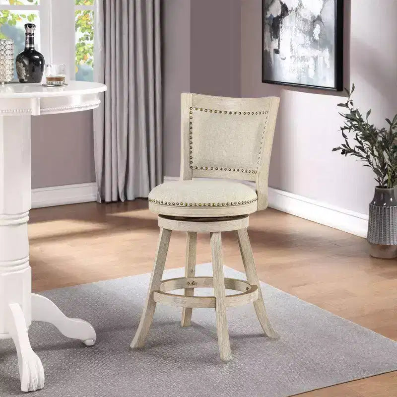 24" Swivel Counter Height Barstool – Wire Brush Ivory, Linen Upholstery, Nailhead Trim