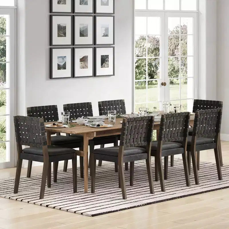 Set of 8 Faux Leather Dining Chairs Black – Hand-Woven Back, Solid Wood Frame, 300 lb