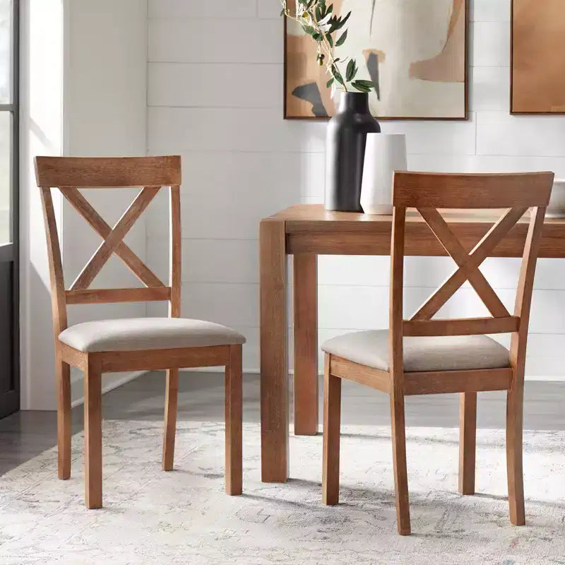 Buylateral Set of 2 Verdon Farmhouse Solid Wood Cross Back Dining Chairs Driftwood: Solid Rubberwood, Beige Linen Seat, 250lb Capacity