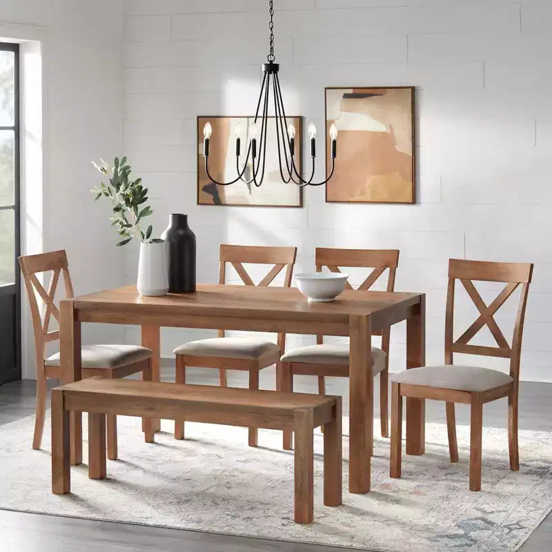 Set of 2 Farmhouse Cross Back Dining Chairs – Solid Rubberwood, Beige Linen Seat, 250lb