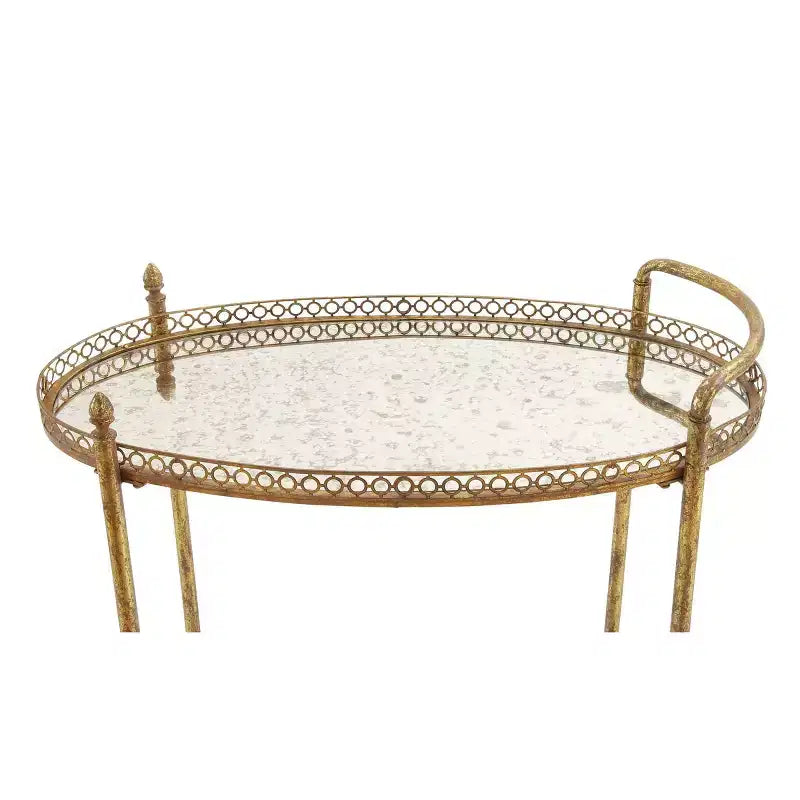 Gold Oval Rolling Bar Cart with Antique Mirror Glass Shelves – 2-Tier Iron Frame