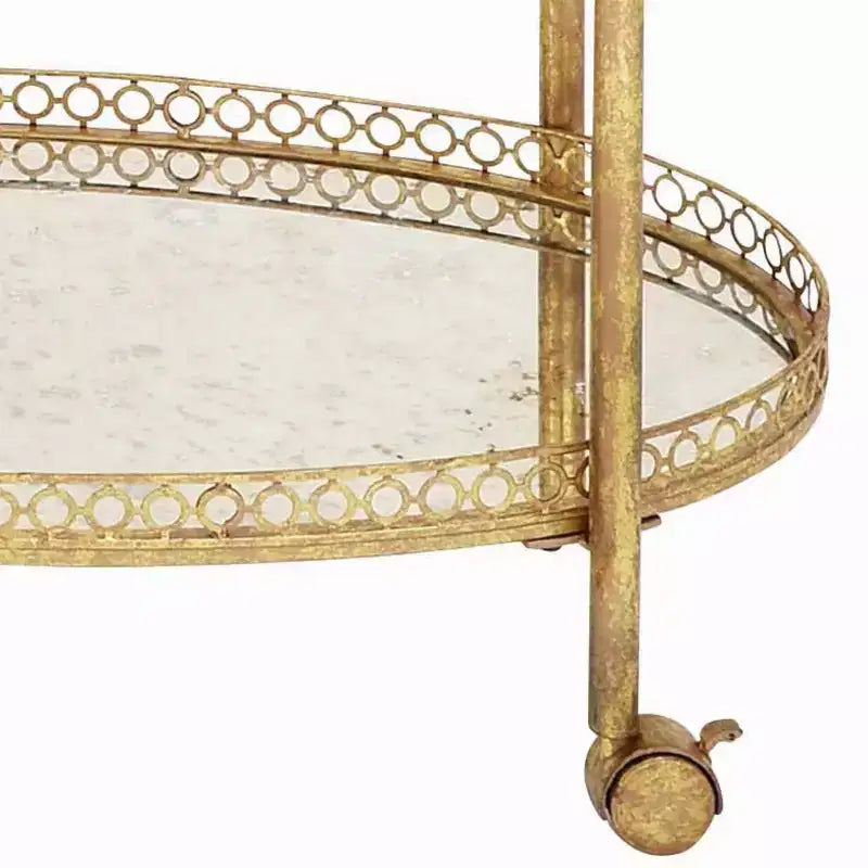 Gold Oval Rolling Bar Cart with Antique Mirror Glass Shelves – 2-Tier Iron Frame
