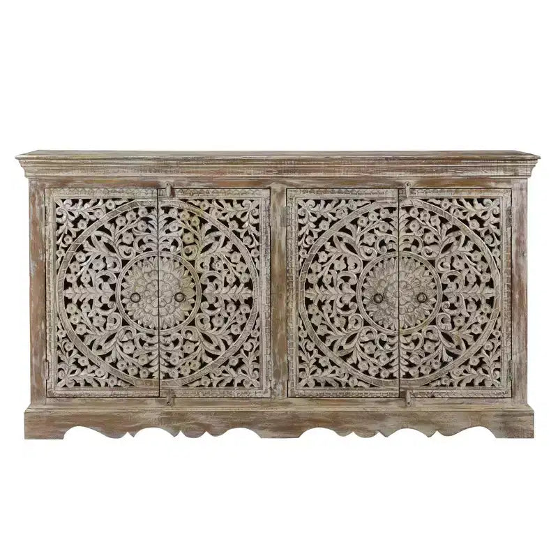 67" Carved Reclaimed Wood Sideboard – 4 Doors, Rustic Finish, 500 lb Capacity