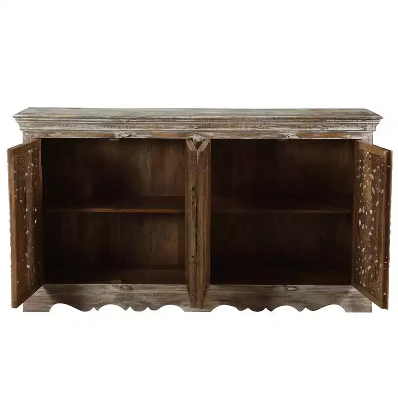 67" Carved Reclaimed Wood Sideboard – 4 Doors, Rustic Finish, 500 lb Capacity