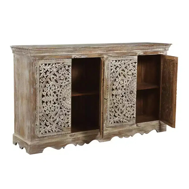 67" Carved Reclaimed Wood Sideboard – 4 Doors, Rustic Finish, 500 lb Capacity