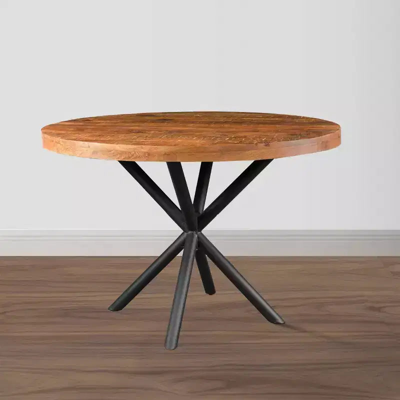 48" Round Handcrafted Mango Wood Dining Table – Iron Crisscross Legs, Seats 4