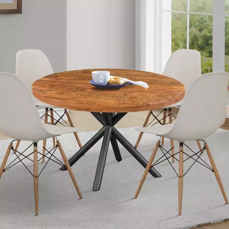 48" Round Handcrafted Mango Wood Dining Table – Iron Crisscross Legs, Seats 4