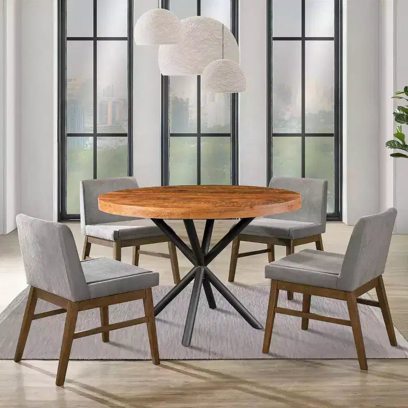 48" Round Handcrafted Mango Wood Dining Table – Iron Crisscross Legs, Seats 4