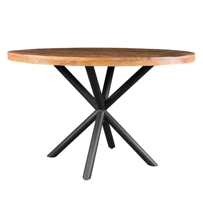 48" Round Handcrafted Mango Wood Dining Table – Iron Crisscross Legs, Seats 4