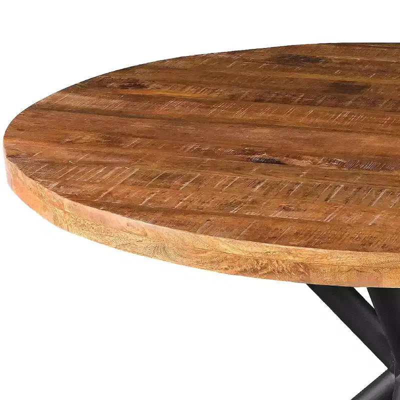 48" Round Handcrafted Mango Wood Dining Table – Iron Crisscross Legs, Seats 4