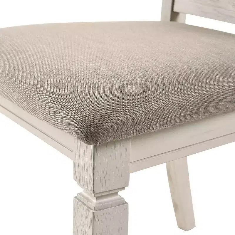 Set of 2 Traditional Dining Side Chairs – Tan Linen, Slatted Back, Cream Wood Frame