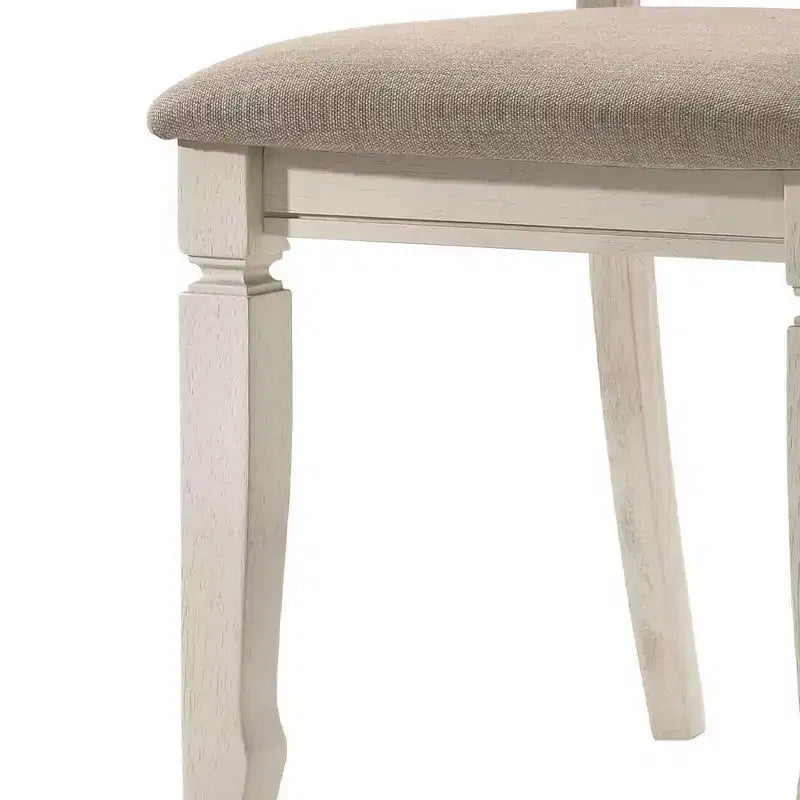 Set of 2 Traditional Dining Side Chairs – Tan Linen, Slatted Back, Cream Wood Frame