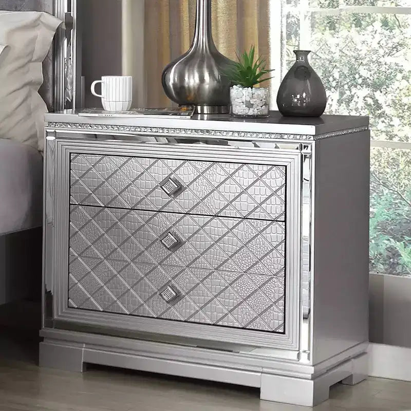 Glam Silver Nightstand with 2 Drawers, Hidden Drawer & Built-In USB Charger