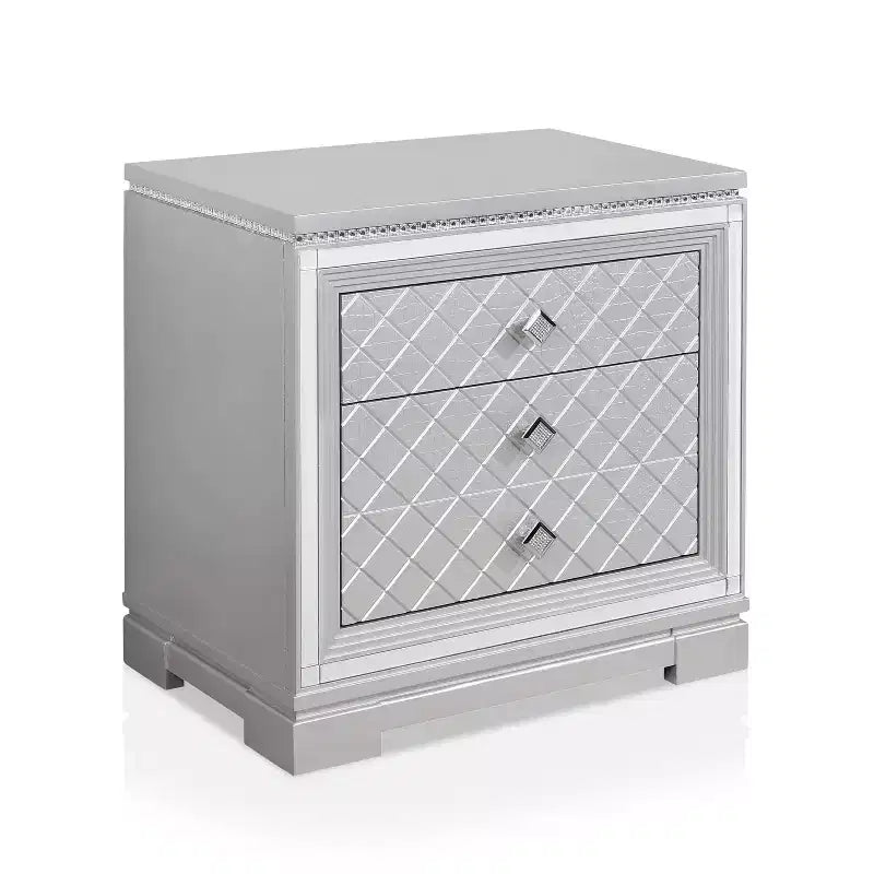 Glam Silver Nightstand with 2 Drawers, Hidden Drawer & Built-In USB Charger