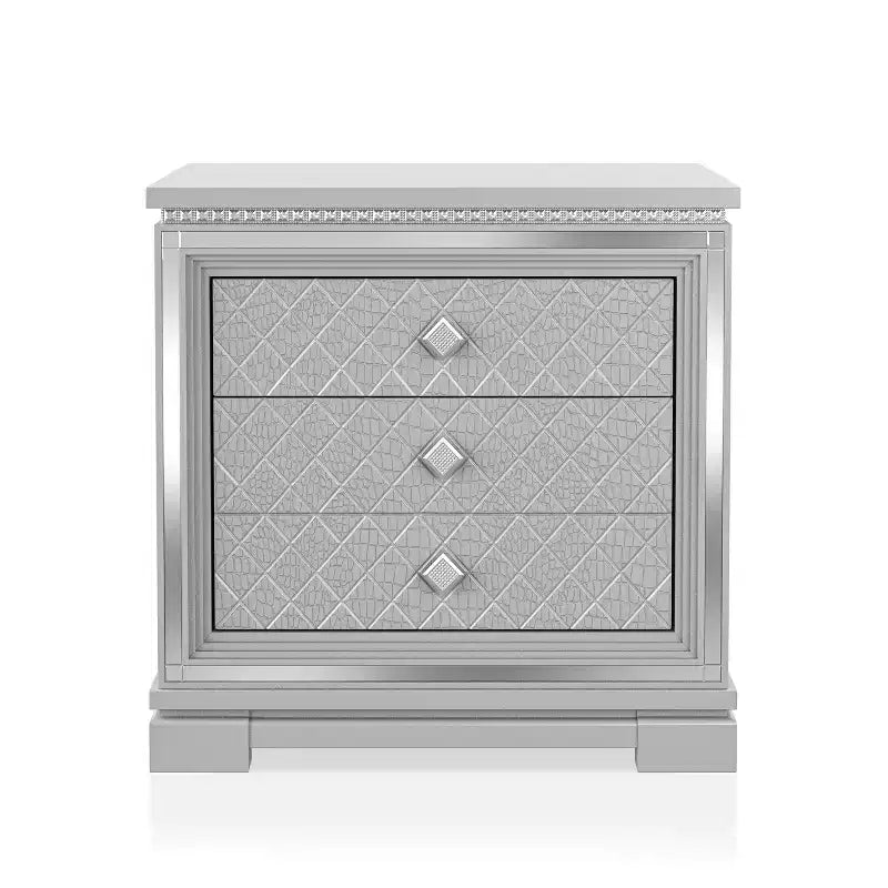 Glam Silver Nightstand with 2 Drawers, Hidden Drawer & Built-In USB Charger