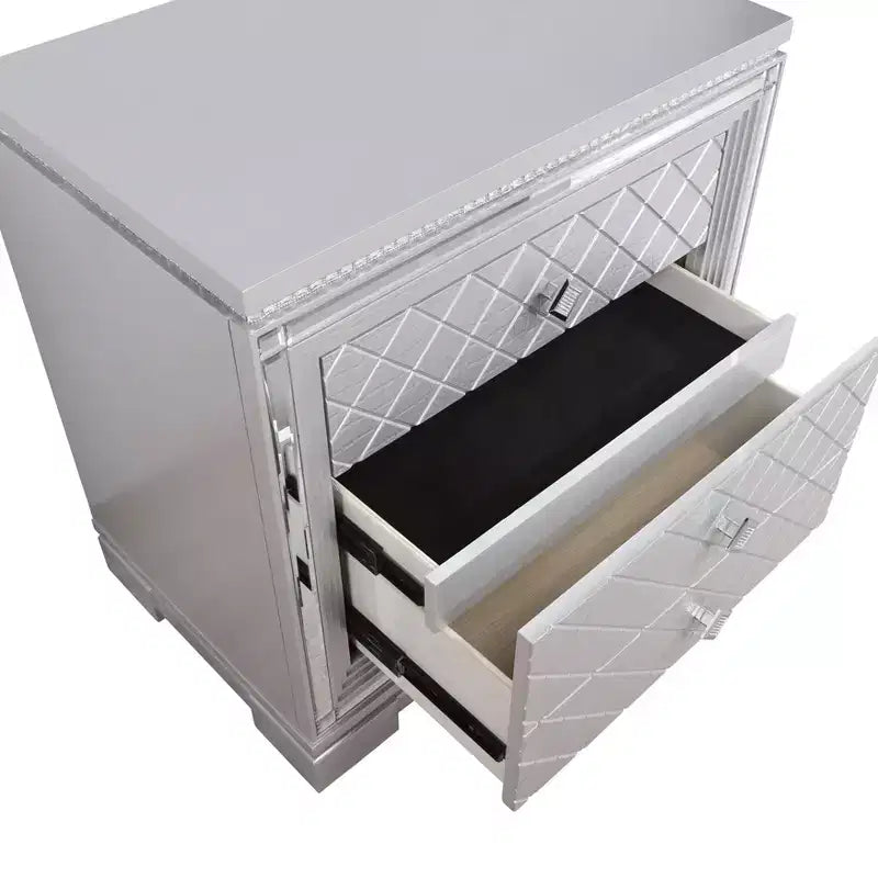 Glam Silver Nightstand with 2 Drawers, Hidden Drawer & Built-In USB Charger
