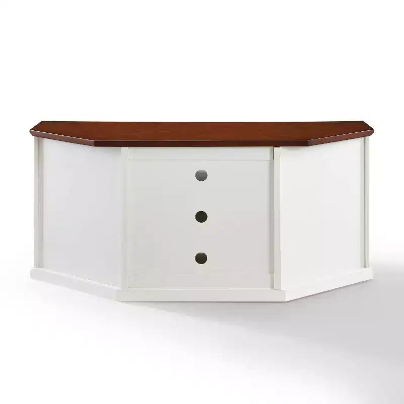 Corner TV Stand for TVs up to 65" – White, Beveled Glass Doors, 3 Adjustable Shelves