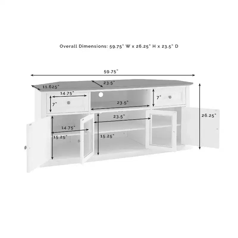Corner TV Stand for TVs up to 65" – White, Beveled Glass Doors, 3 Adjustable Shelves