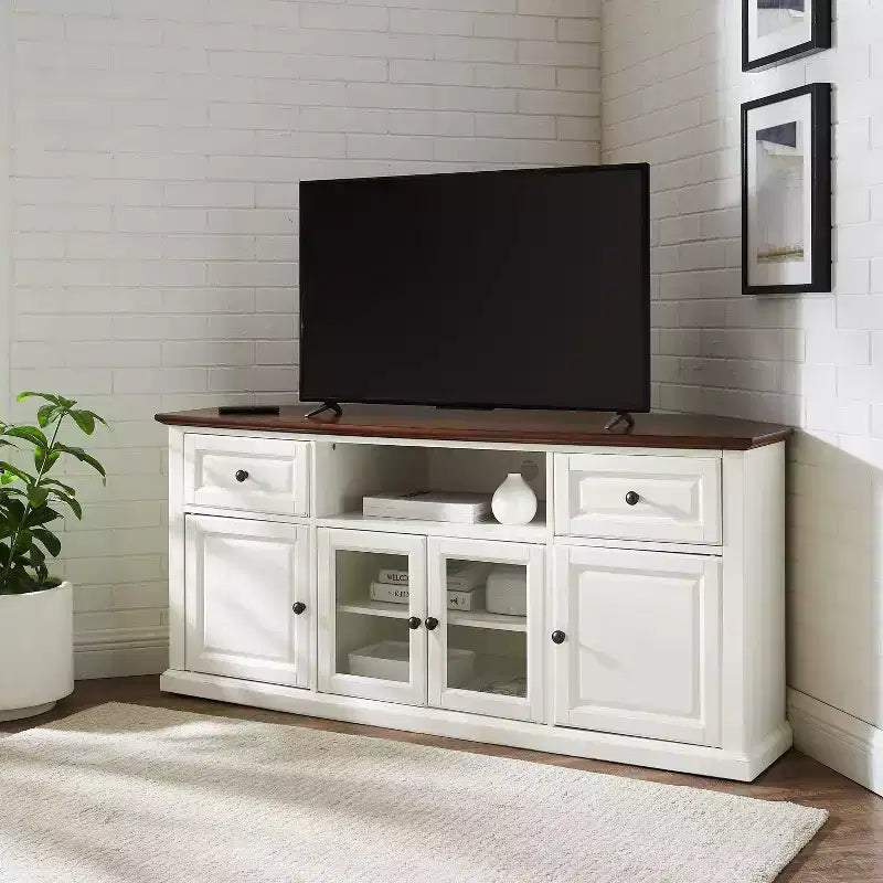Corner TV Stand for TVs up to 65" – White, Beveled Glass Doors, 3 Adjustable Shelves