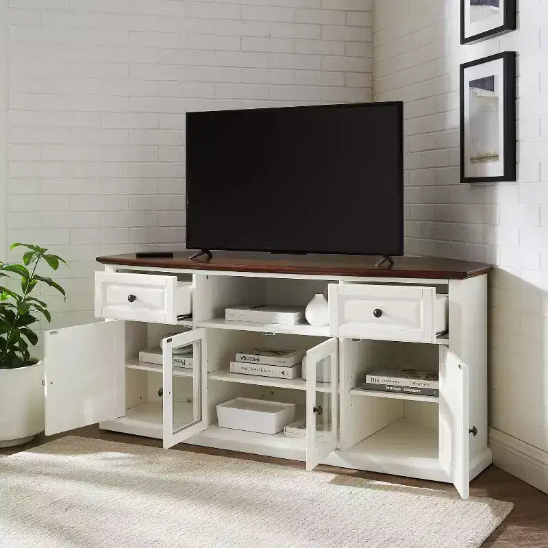 Corner TV Stand for TVs up to 65" – White, Beveled Glass Doors, 3 Adjustable Shelves