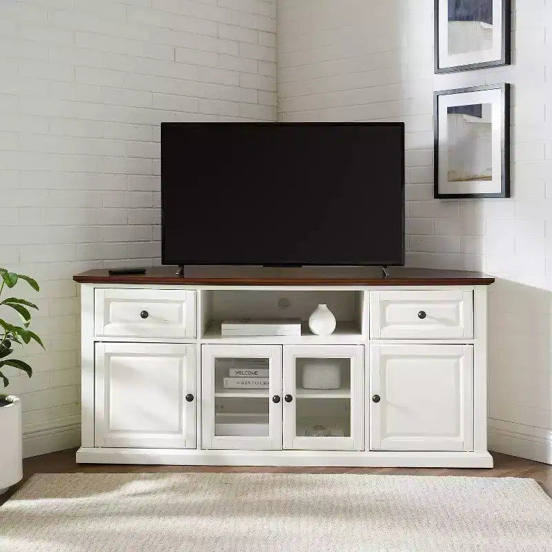 Corner TV Stand for TVs up to 65" – White, Beveled Glass Doors, 3 Adjustable Shelves