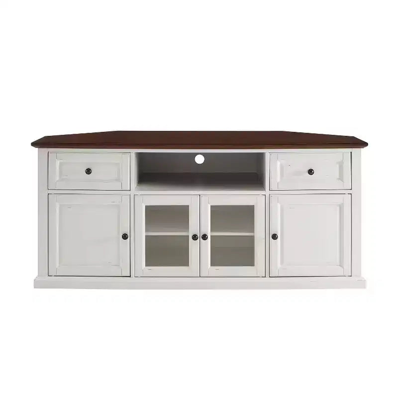 Corner TV Stand for TVs up to 65" – White, Beveled Glass Doors, 3 Adjustable Shelves