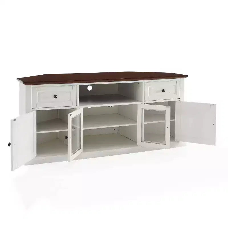 Corner TV Stand for TVs up to 65" – White, Beveled Glass Doors, 3 Adjustable Shelves