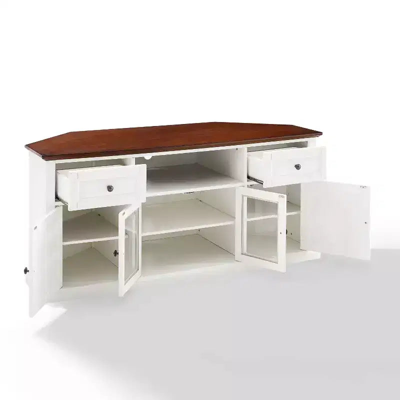 Corner TV Stand for TVs up to 65" – White, Beveled Glass Doors, 3 Adjustable Shelves