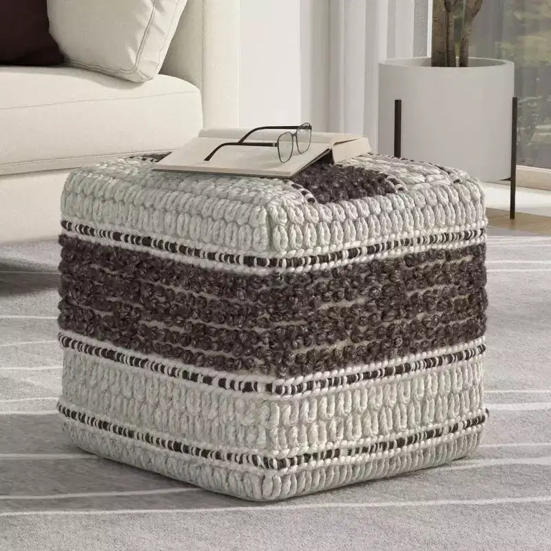 Square Handwoven Wool Pouf Magenta/Natural – 18x18x14", 250 lb, Polystyrene Fill