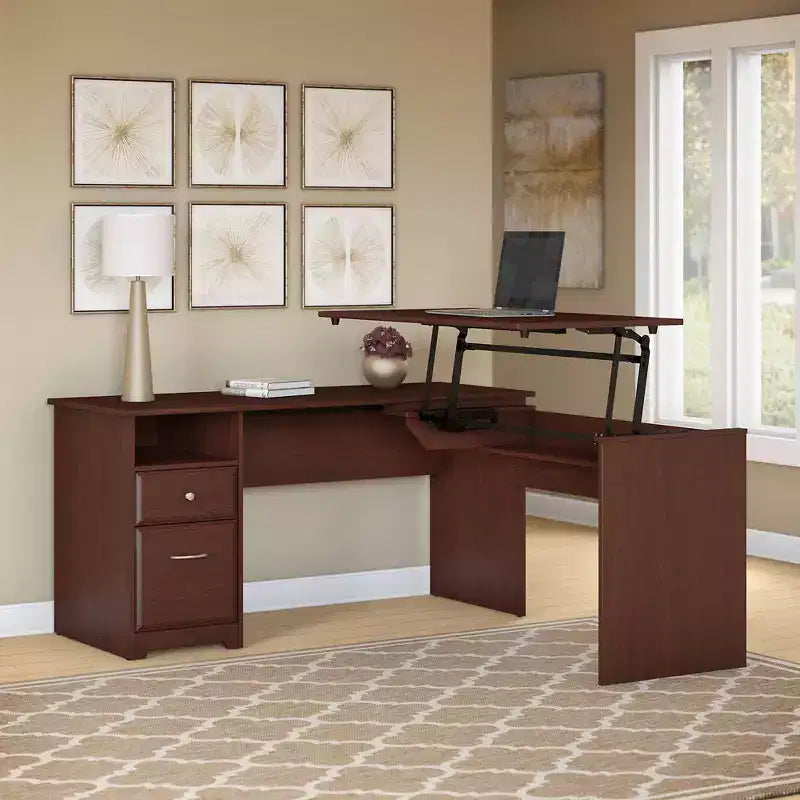 60" L-Shaped Sit-to-Stand Desk – 3 Height Positions, File Drawer, Harvest Cherry